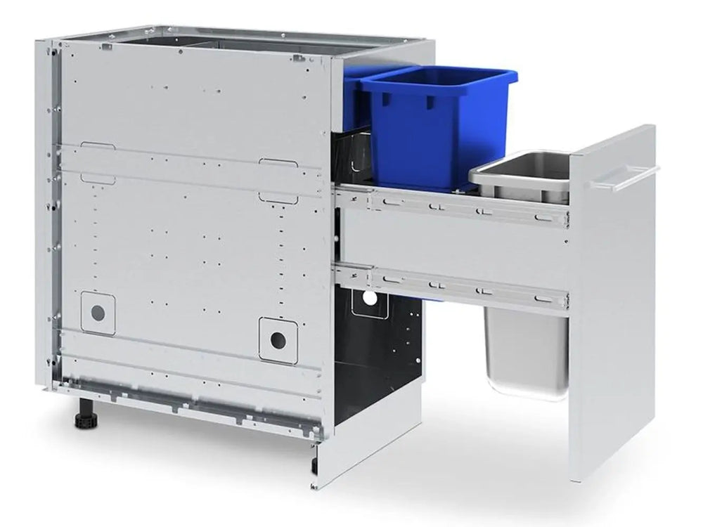 Fully extended Broil King 802800 waste organizer cabinet illustrating the heavy-duty drawer slides and removable bins for efficient outdoor waste management.