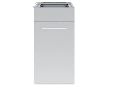 Front view of the Broil King 802800 stainless steel waste organizer cabinet featuring a sleek modern handle and minimalist design for outdoor kitchens.