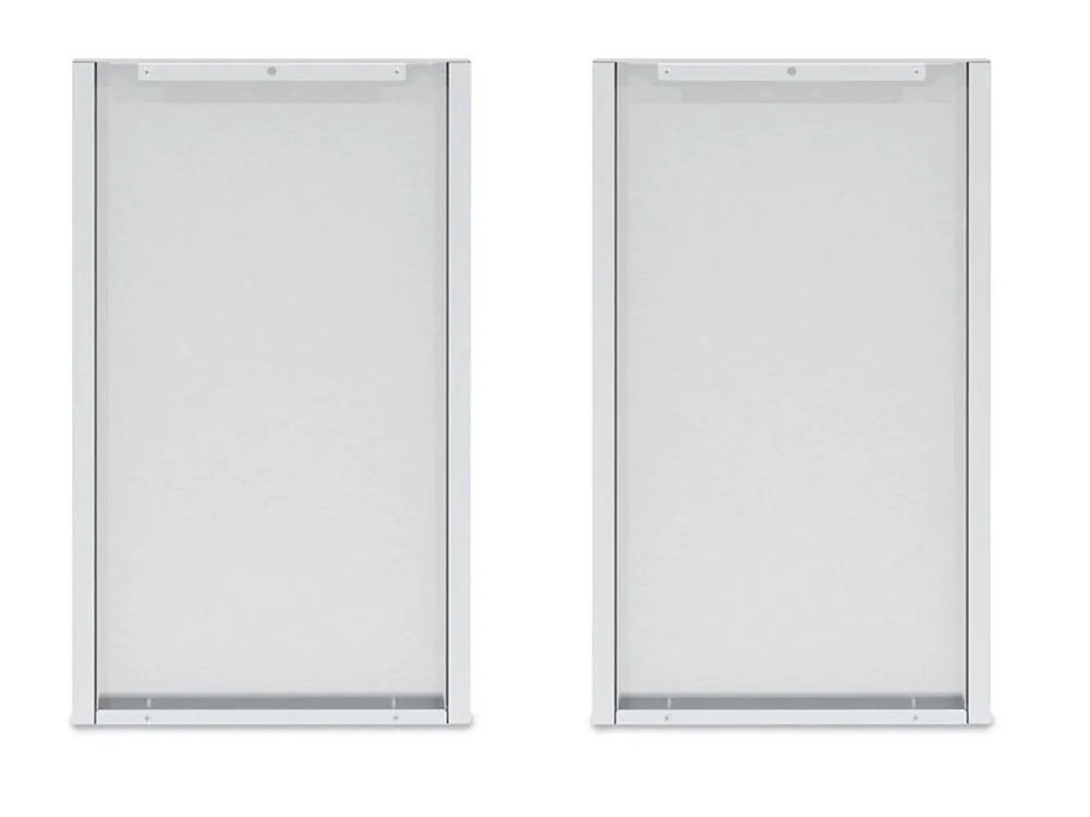 A pair of silver Broil King 803060 Corner Cabinet Rear Panel Finishes, shown in a clean, frontal view against a white background, highlighting their rectangular shape and metal construction.