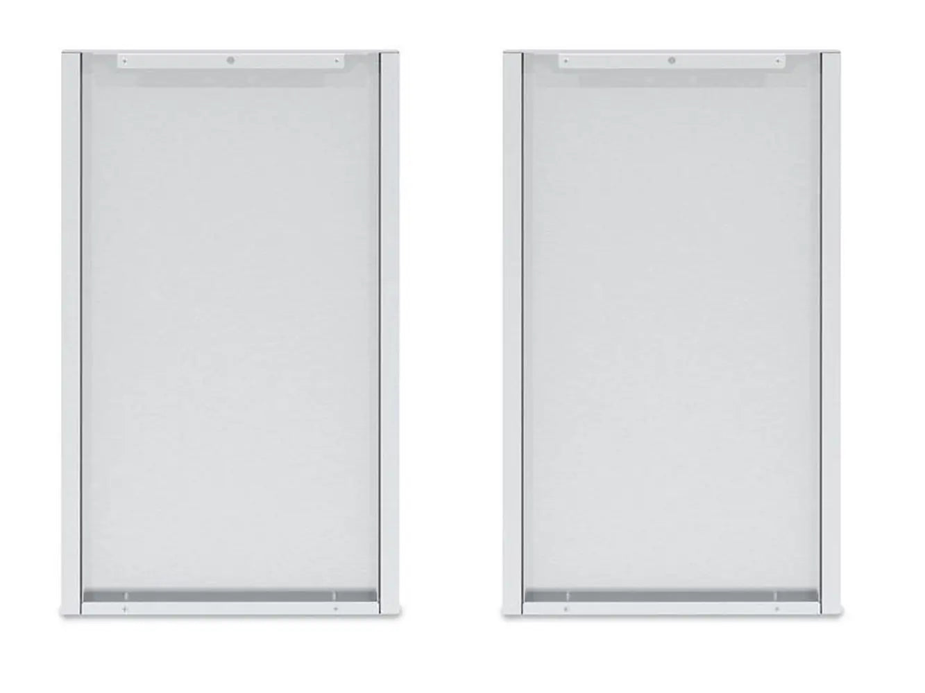 A pair of silver Broil King 803060 Corner Cabinet Rear Panel Finishes, shown in a clean, frontal view against a white background, highlighting their rectangular shape and metal construction.