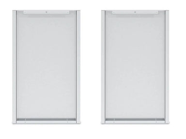 A pair of silver Broil King 803060 Corner Cabinet Rear Panel Finishes, shown in a clean, frontal view against a white background, highlighting their rectangular shape and metal construction.