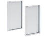 An angled perspective view of two silver Broil King 803060 Corner Cabinet Rear Panel Finishes, showing the depth of the frame and the metal's texture, against a white background.