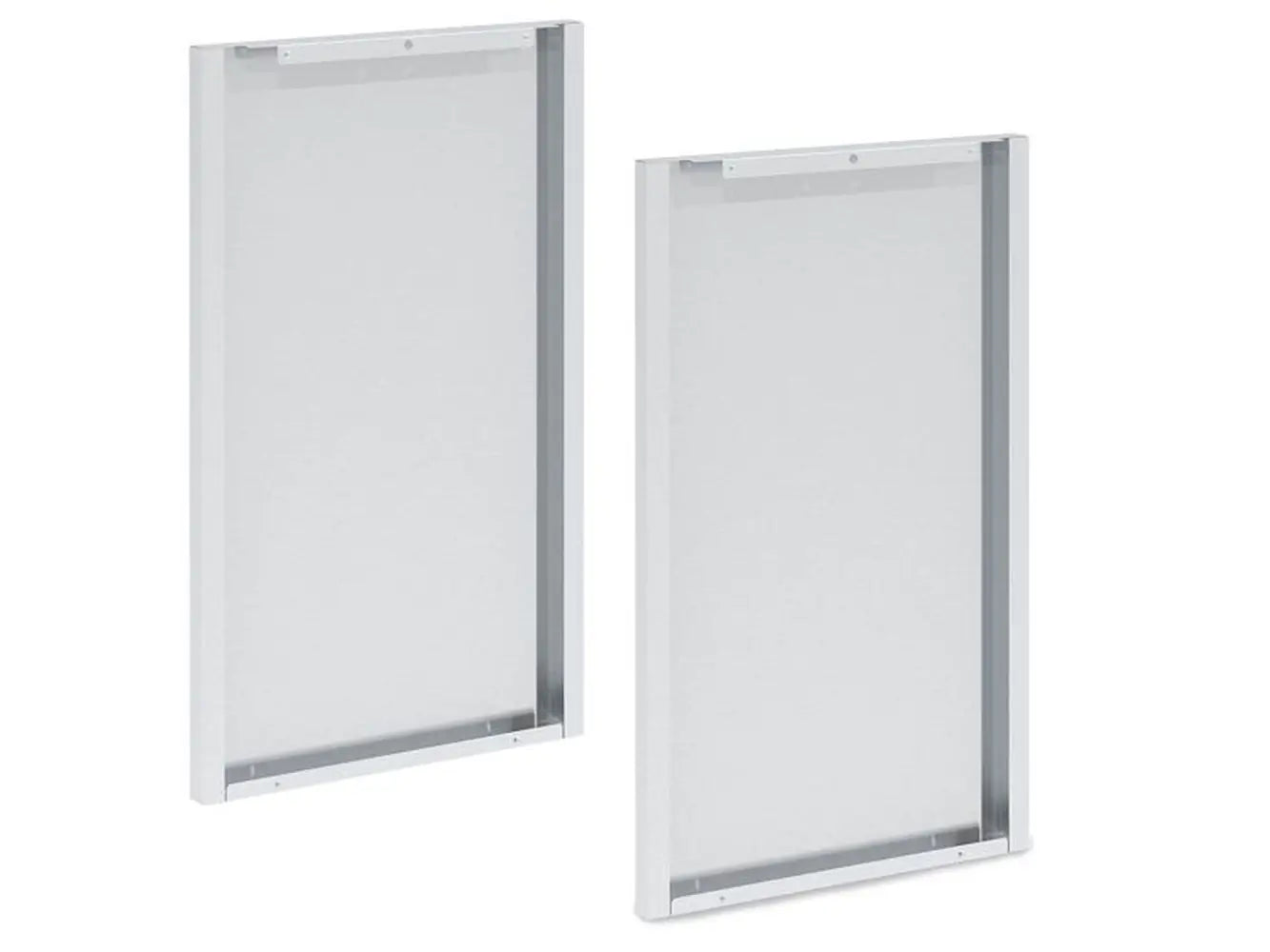 An angled perspective view of two silver Broil King 803060 Corner Cabinet Rear Panel Finishes, showing the depth of the frame and the metal's texture, against a white background.
