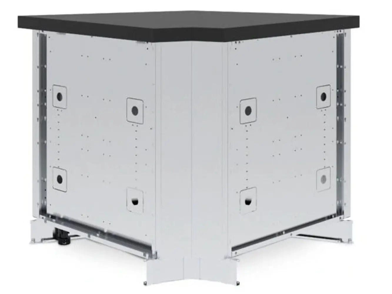 Broil King 803900 45-degree x 2 modular outdoor kitchen corner cabinet shown with a black countertop for L-shaped patio grill island layouts.
