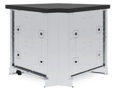 Broil King 803900 45-degree x 2 modular outdoor kitchen corner cabinet shown with a black countertop for L-shaped patio grill island layouts.