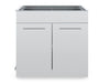 Front profile of Broil King 804200 outdoor kitchen storage base featuring symmetrical double doors and heavy-duty stainless steel construction.