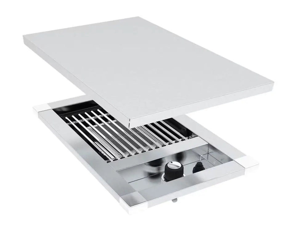 Broil King Imperial S100 Infrared Burner with a matching stainless steel protective lid cover hovering above the unit.