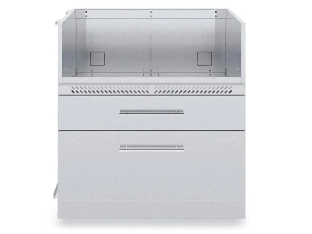 Front view of the Broil King 805600 4-Burner Stainless Steel Cabinet Storage Base featuring two closed drawers and a sleek outdoor kitchen design.