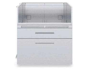 Front view of the Broil King 805600 4-Burner Stainless Steel Cabinet Storage Base featuring two closed drawers and a sleek outdoor kitchen design.