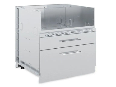 Angled side view of the Broil King 805600 modular outdoor kitchen storage cabinet showing the durable stainless steel construction and drawer pull handles.