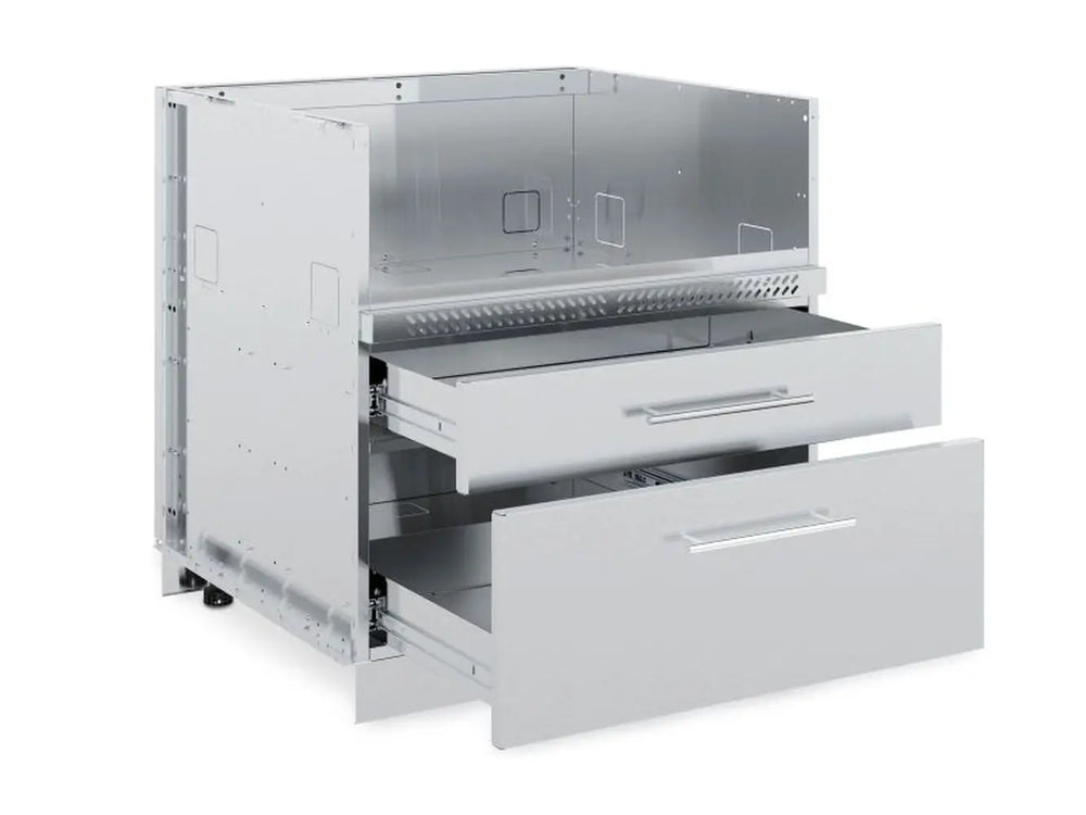 Broil King 805600 4-Burner Cabinet Storage Base with both stainless steel drawers open, highlighting the interior storage space for outdoor grilling accessories.