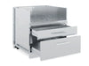 Broil King 805600 4-Burner Cabinet Storage Base with both stainless steel drawers open, highlighting the interior storage space for outdoor grilling accessories.