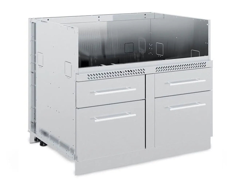 A precise three-quarter perspective product shot of the Broil King 806600 5 Burner Cabinet Storage Base, highlighting its sturdy stainless steel construction, four closed drawers, and the side panel detail, presented on a clean white background.