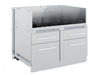 A precise three-quarter perspective product shot of the Broil King 806600 5 Burner Cabinet Storage Base, highlighting its sturdy stainless steel construction, four closed drawers, and the side panel detail, presented on a clean white background.