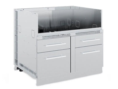 A precise three-quarter perspective product shot of the Broil King 806600 5 Burner Cabinet Storage Base, highlighting its sturdy stainless steel construction, four closed drawers, and the side panel detail, presented on a clean white background.