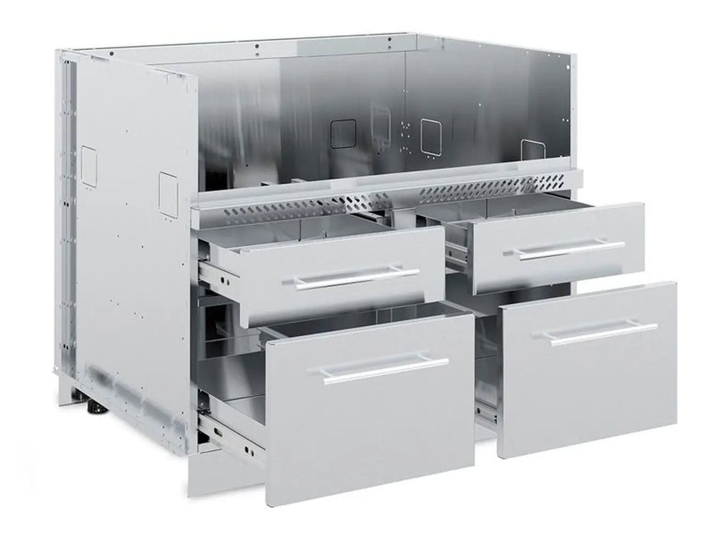 An illustrative product photo showing the Broil King 806600 5 Burner Cabinet Storage Base with all four stainless steel drawers fully extended, revealing the internal drawer construction and full-extension roller slides, on a white background.