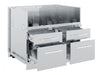 An illustrative product photo showing the Broil King 806600 5 Burner Cabinet Storage Base with all four stainless steel drawers fully extended, revealing the internal drawer construction and full-extension roller slides, on a white background.