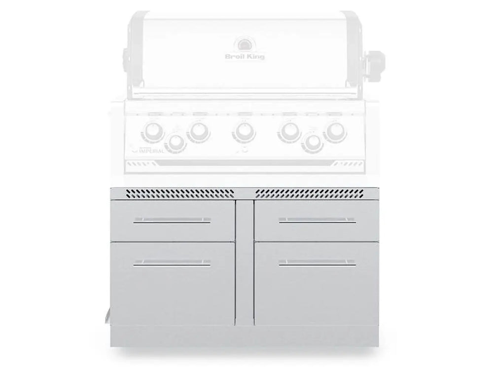 A composite product image showing the solid, closed front-view of the Broil King 806600 5 Burner Cabinet Storage Base, with a faded, transparent ghosted overlay of a Broil King Imperial 5-burner gas grill head integrated directly above, demonstrating the complete outdoor kitchen module.