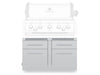 A composite product image showing the solid, closed front-view of the Broil King 806600 5 Burner Cabinet Storage Base, with a faded, transparent ghosted overlay of a Broil King Imperial 5-burner gas grill head integrated directly above, demonstrating the complete outdoor kitchen module.