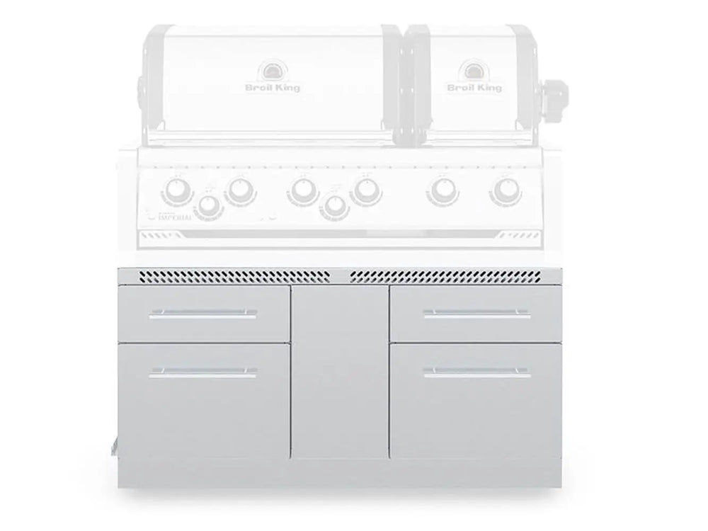 Broil King 807600 6-burner stainless steel cabinet storage base shown with a compatible built-in grill head for an outdoor kitchen setup.