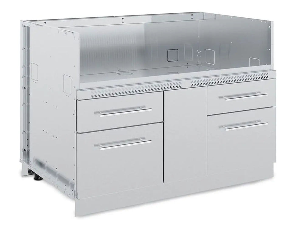 Angled view of the Broil King 807600 stainless steel 6-burner grill cabinet base featuring four storage drawers and a central access panel.