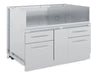 Angled view of the Broil King 807600 stainless steel 6-burner grill cabinet base featuring four storage drawers and a central access panel.