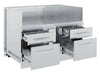 Open drawer view of the Broil King 807600 6-burner cabinet storage base highlighting the deep stainless steel storage capacity for grilling tools and accessories.