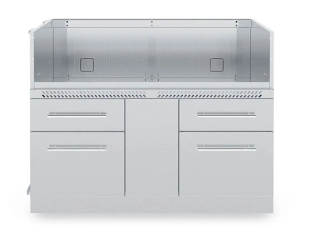 Front-facing view of the Broil King 807600 6-burner outdoor kitchen cabinet storage base with heavy-duty stainless steel construction and ventilation details.