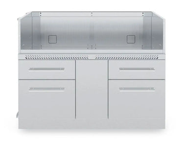 Front-facing view of the Broil King 807600 6-burner outdoor kitchen cabinet storage base with heavy-duty stainless steel construction and ventilation details.