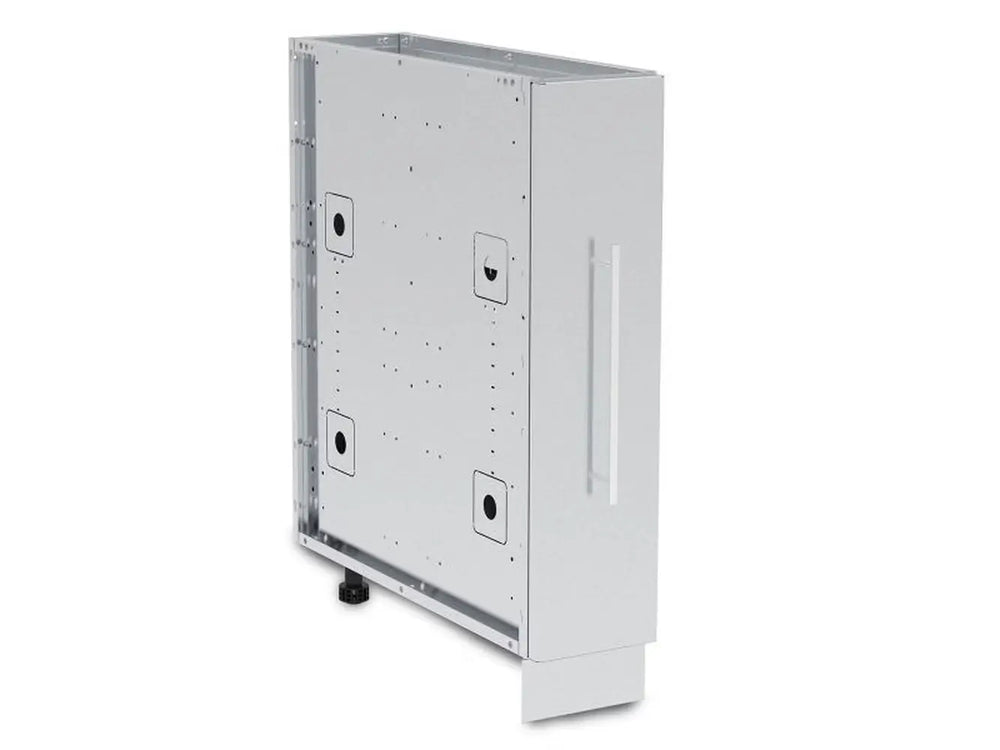 Perspective side view of the closed Broil King 808400 spice cabinet showing the mounting frame and pre-drilled holes for easy installation.