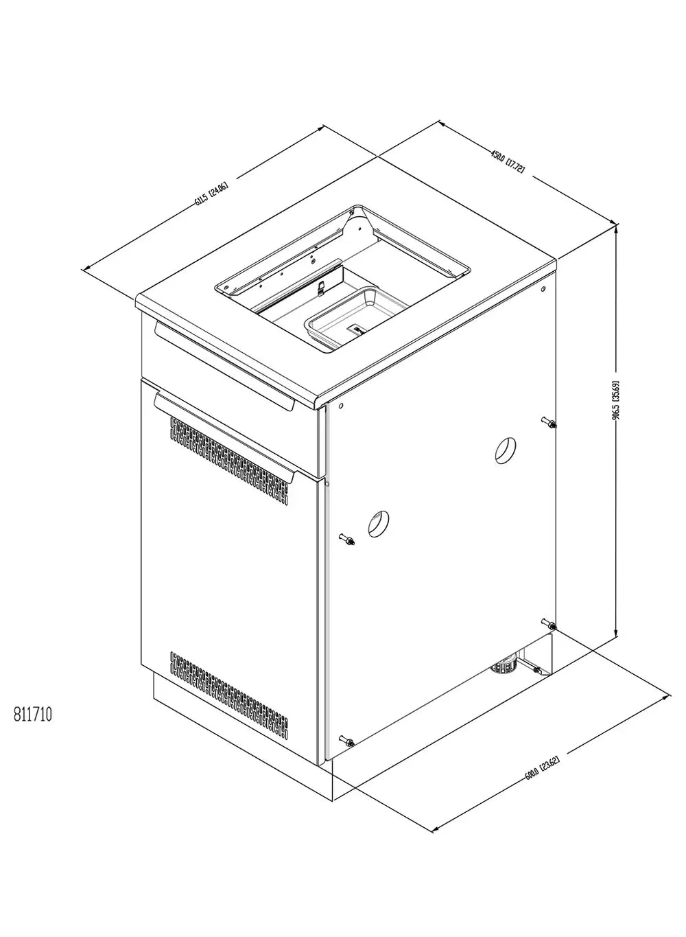 Broil King 811710 side burner cabinet storage base technical drawing with dimensions and countertop cutout.