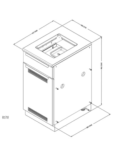 Broil King 811710 side burner cabinet storage base technical drawing with dimensions and countertop cutout.