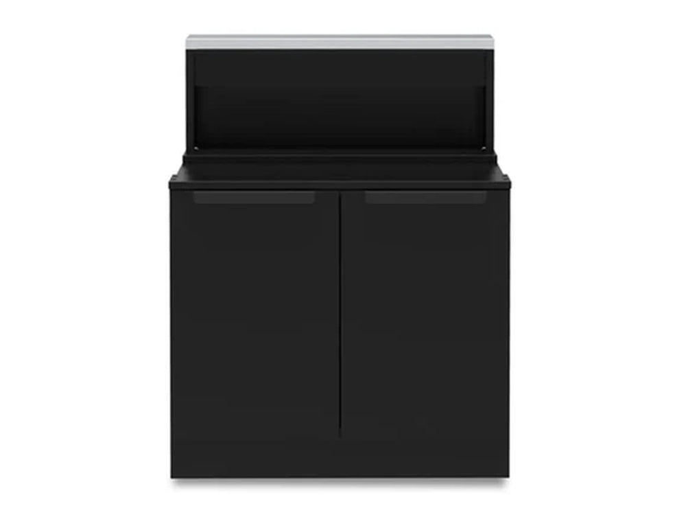 Broil King 815210 Baron 4 burner cabinet base front view with black double-door storage and rear shelf.