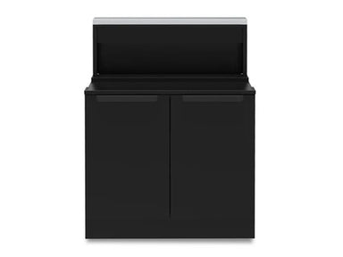 Broil King 815210 Baron 4 burner cabinet base front view with black double-door storage and rear shelf.