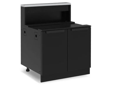 Broil King 815210 Baron 4 burner cabinet base angled view with black double doors and side access ports.