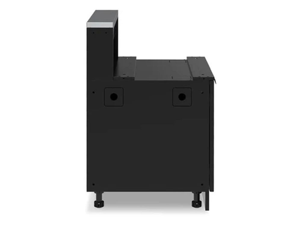 Broil King 815210 Baron 4 burner cabinet base side view with black panels, rear shelf, and adjustable feet.