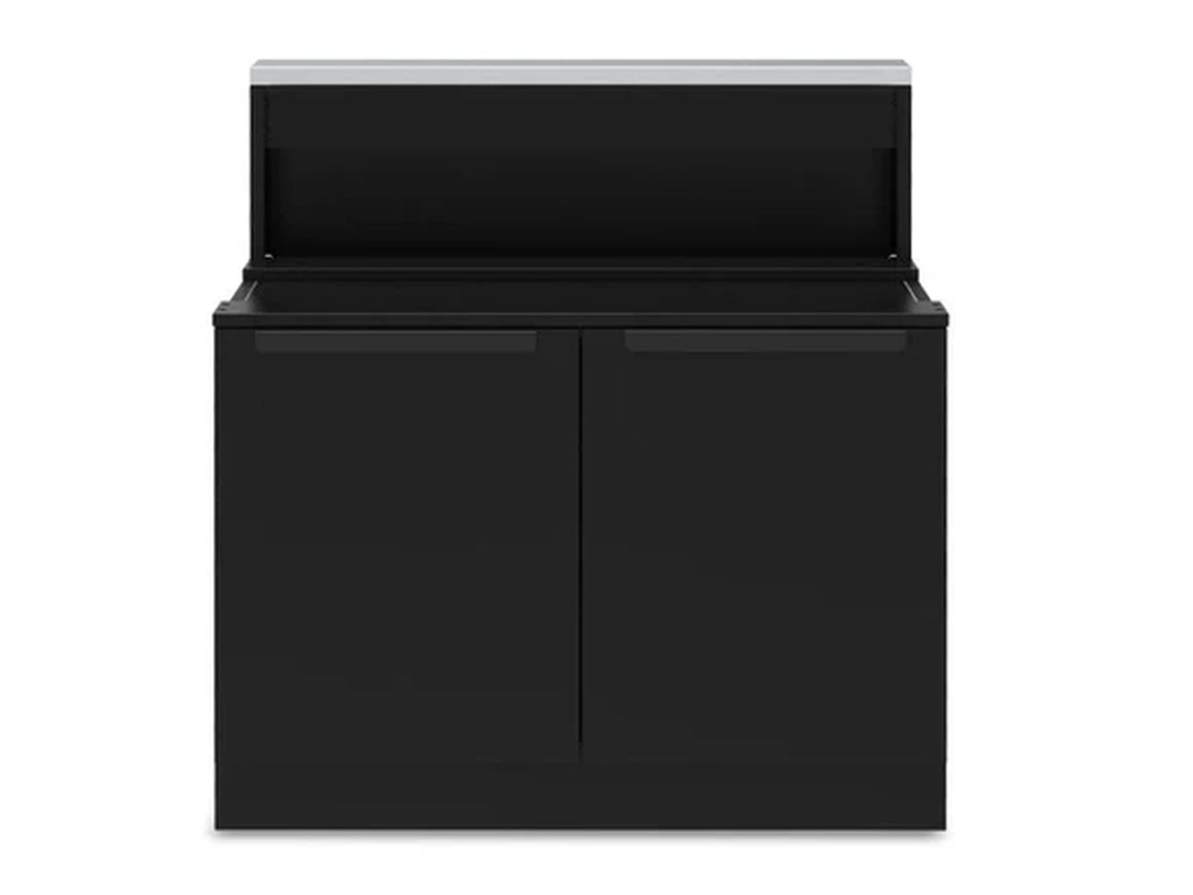 Broil King 816210 Baron 5 burner cabinet base front view with black double-door storage and rear shelf.
