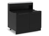 Broil King 816210 Baron 5 burner cabinet base angled view with black double doors and open rear shelf.