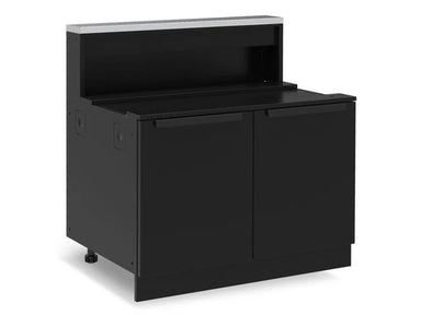 Broil King 816210 Baron 5 burner cabinet base angled view with black double doors and open rear shelf.