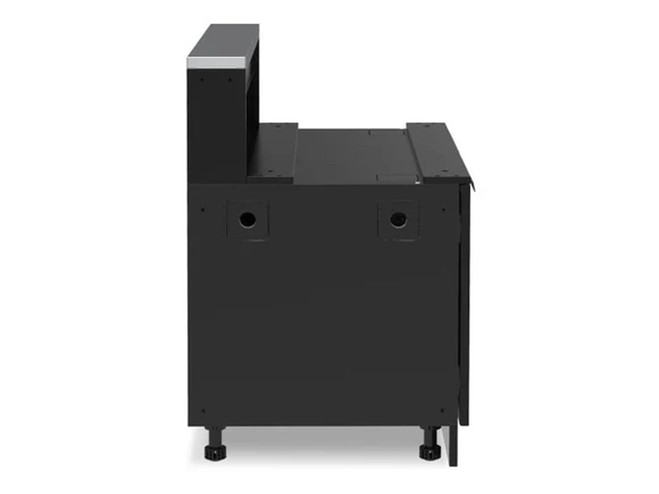 Broil King 816210 Baron 5 burner cabinet base side view with black panels, rear shelf, and adjustable feet.