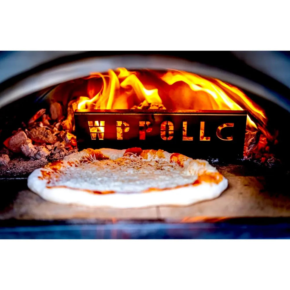 WPPO Karma oven baking pizza with a WPPO LLC stainless steel flame guard and bright wood flames.