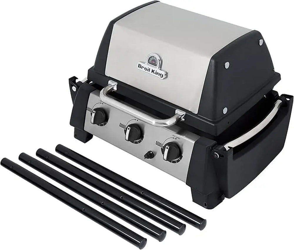 Broil King Porta-Chef 320 portable gas grill with detached stand legs displayed beside the grill body, showing modular portable assembly components.