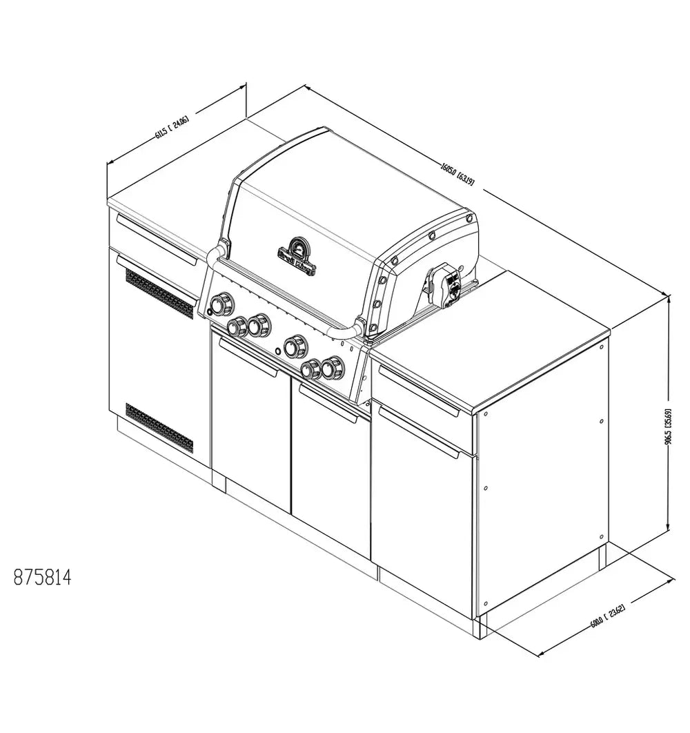 Technical dimension drawing of the Broil King Baron 420i Pro Shadow Island gas grill, showing height, width, and depth measurements for outdoor kitchen planning.