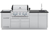 Full view of the Broil King Imperial S 590iE outdoor grill island featuring a stainless steel gas grill, side burner, sink, and storage cabinets.