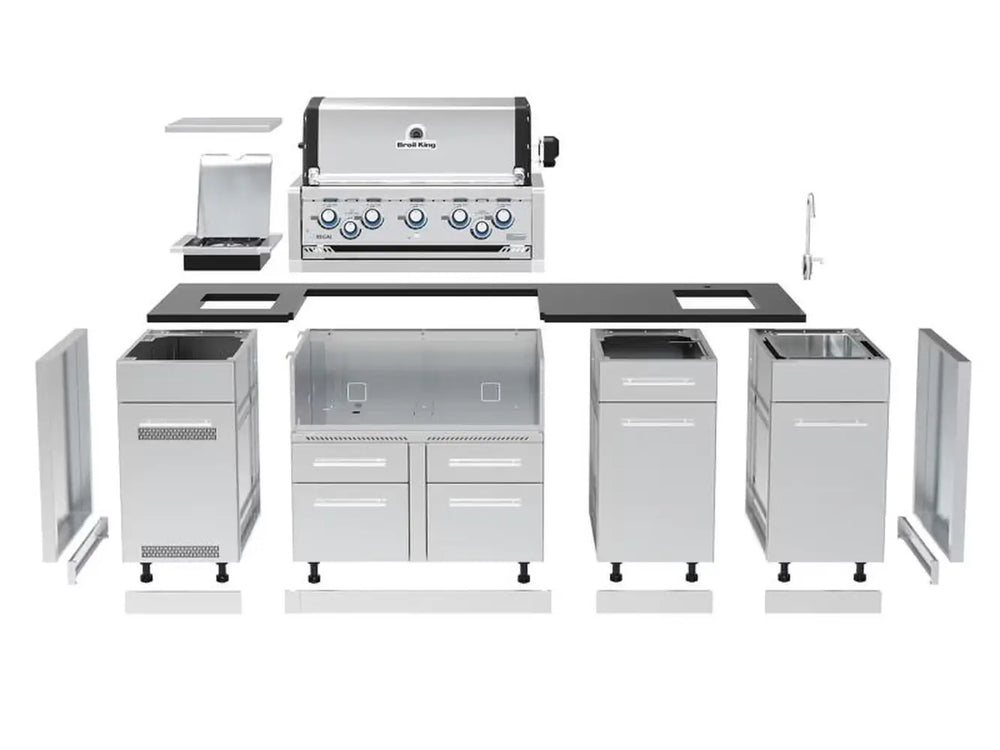 Exploded view of the modular Broil King Imperial S 590iE grill island components including cabinets, countertop, grill head, and sink assembly.