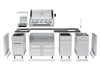 Exploded view of the modular Broil King Imperial S 590iE grill island components including cabinets, countertop, grill head, and sink assembly.