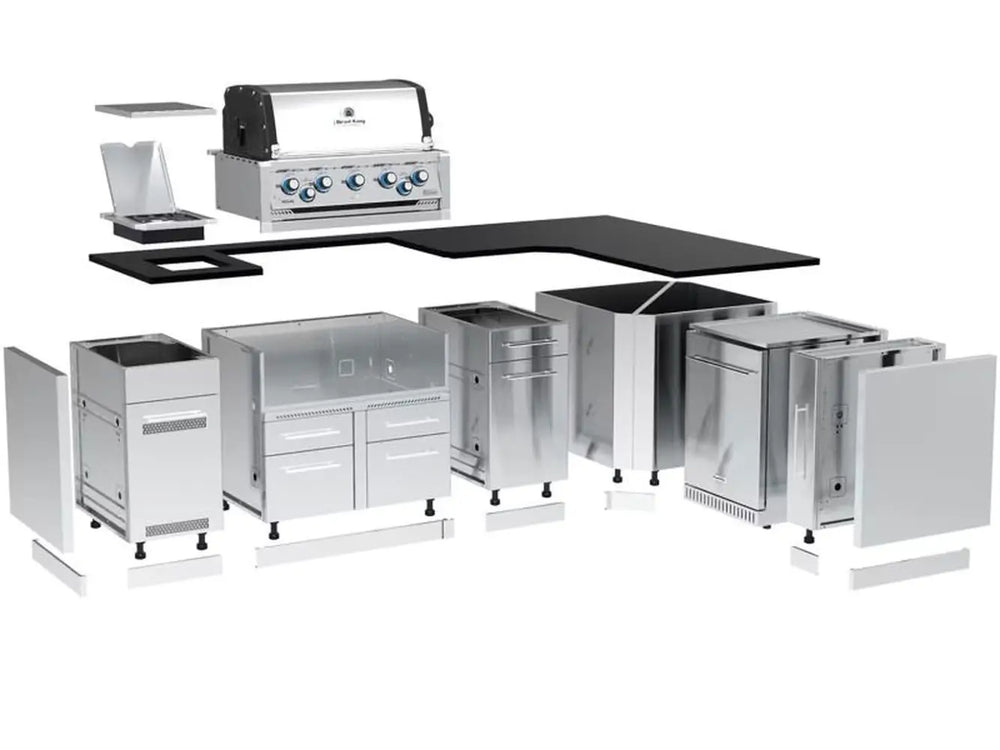 Exploded view diagram of the Broil King Imperial S 590i modular grill island showing stainless steel cabinets, drawers, and appliance components.