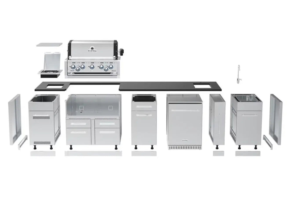 Exploded view diagram of the Broil King Imperial S 590iH modular outdoor kitchen components including grill head, countertop, and cabinets.