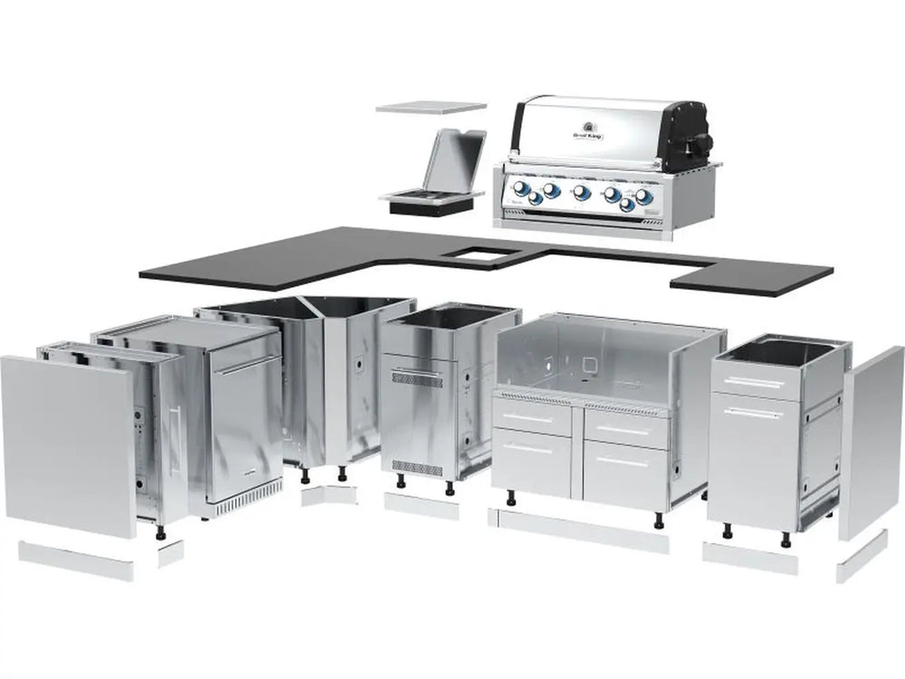 Exploded view diagram showing the modular stainless steel cabinet components and countertop of a Broil King Imperial grill island.