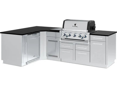 Fully assembled L-shaped Broil King Imperial S 590i modular grill island with black countertops and stainless steel cabinetry.